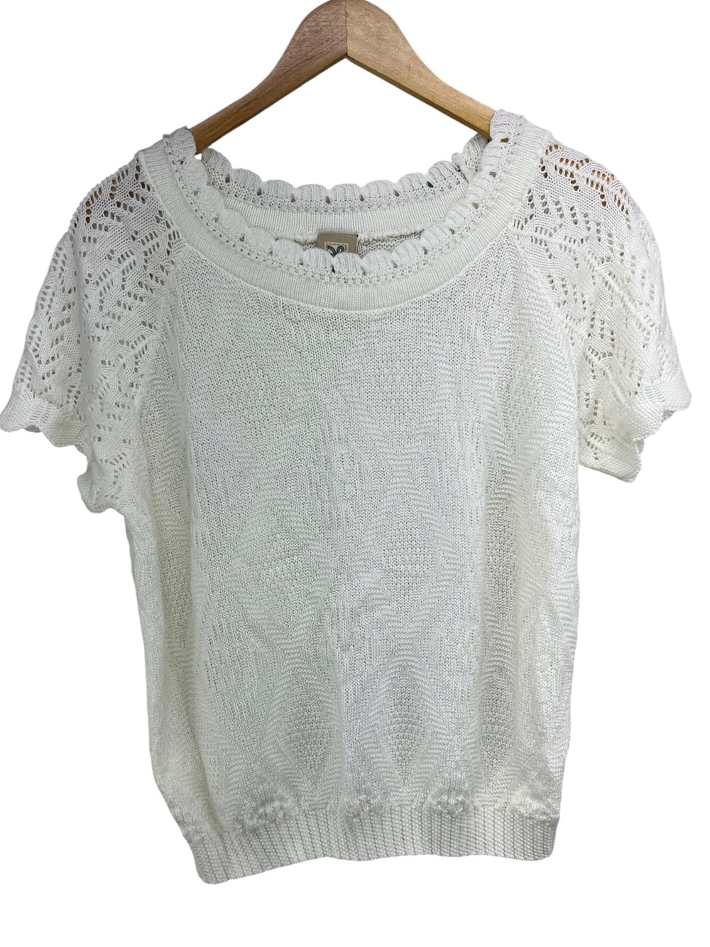 Vintage Haband Scalloped Neck Crochet Sleeve Knit Short Sleeve Sweater Size Lrg